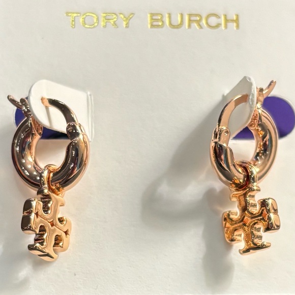 TORY BURCH ROSE GOLD KIRA LOGO HUGGIE HOOP EARRINGS - Picture 3 of 10